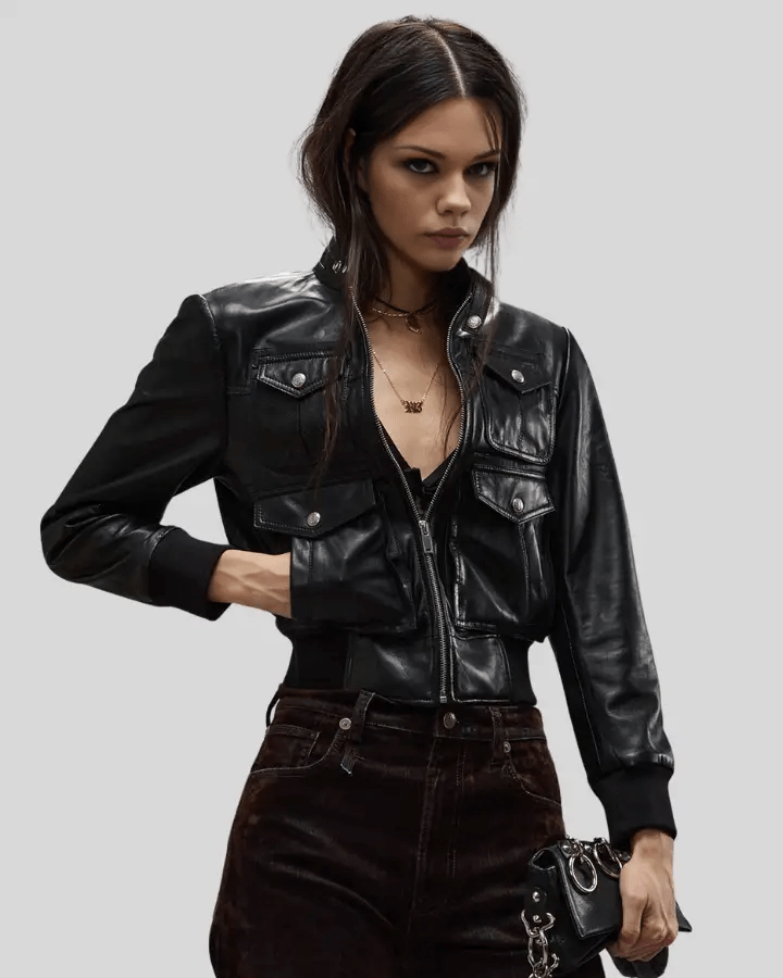 Emma Black Leather Bomber Jacket with Four-Pocket Design Emma Black Leather Bomber Jacket with Four-Pocket Design