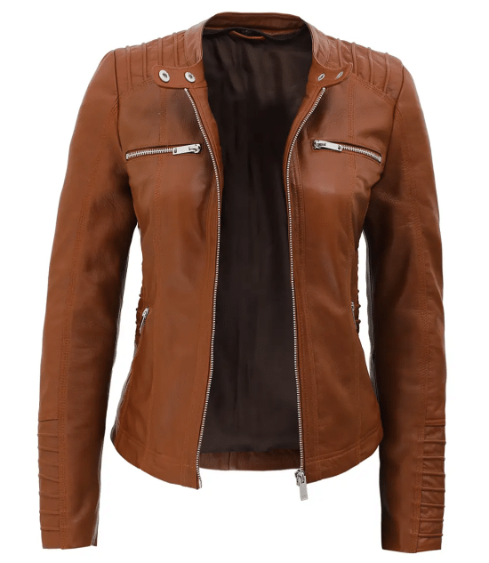 Womens Cognac Slim Fit Leather Jacket With Removable Hood - Rare Leather Order Now !!