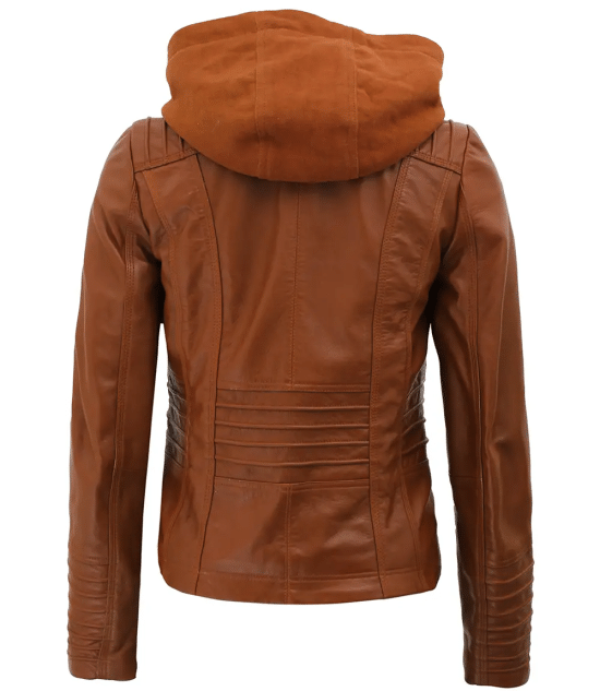 Womens Cognac Slim Fit Leather Jacket With Removable Hood - Rare Leather Order Now !!