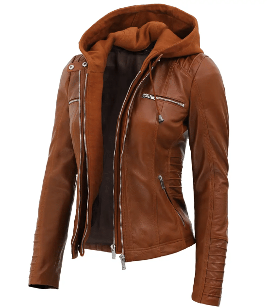 Womens Cognac Slim Fit Leather Jacket With Removable Hood - Rare Leather Order Now !!