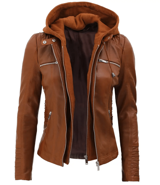 Womens Cognac Slim Fit Leather Jacket With Removable Hood - Rare Leather Order Now !!
