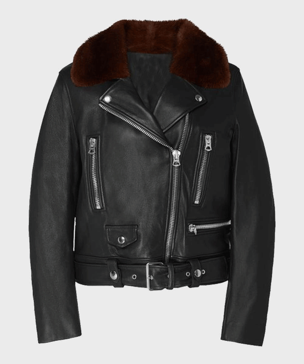 Womens Shearling Black Motorcycle Leather Jacket - Rare Leather Order Now !!