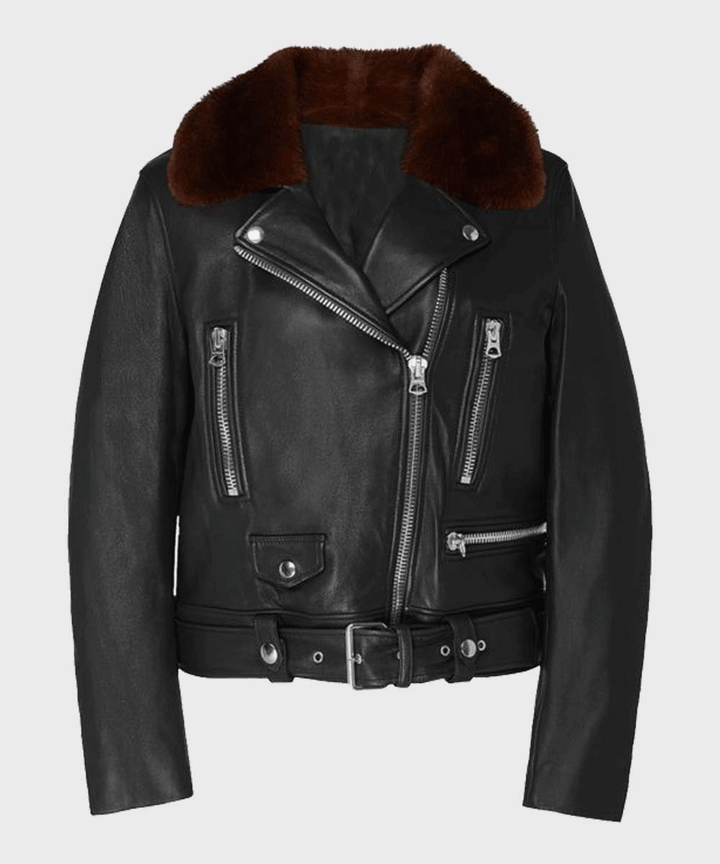 Womens Shearling Black Motorcycle Leather Jacket - Rare Leather Order Now !!