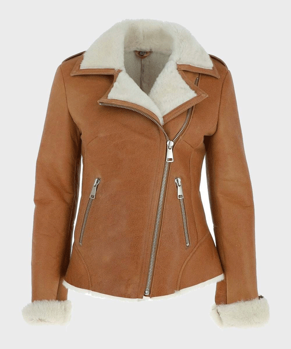 Womens Tan Brown Shearling Leather Jacket - Rare Leather Order Now !!