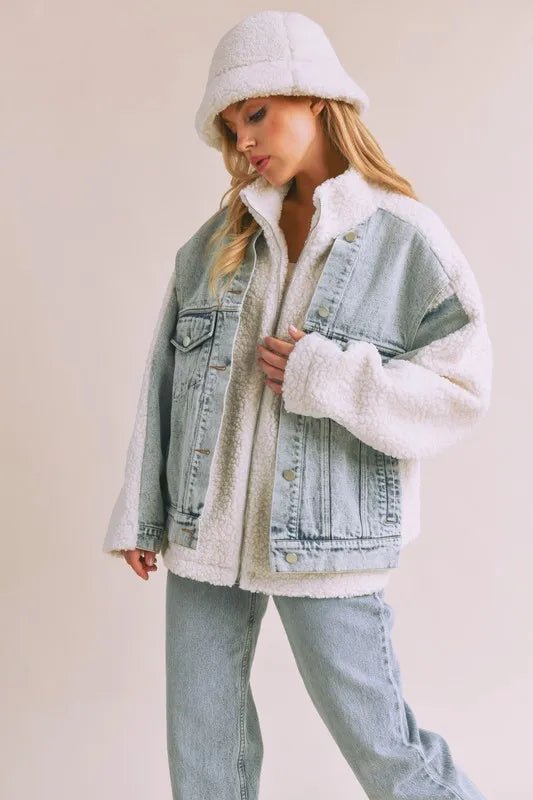 Aemi + Co Denim Washed Drop Shoulder Sherpa Fake Two Pieces Jacket - Rare Leather