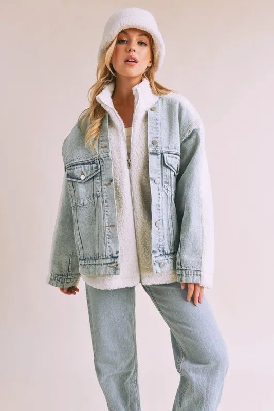 Aemi + Co Denim Washed Drop Shoulder Sherpa Fake Two Pieces Jacket - Rare Leather