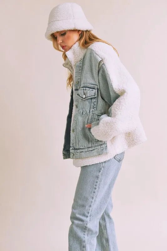 Aemi + Co Denim Washed Drop Shoulder Sherpa Fake Two Pieces Jacket - Rare Leather