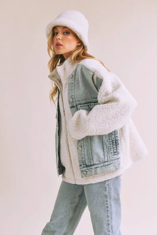 Aemi + Co Denim Washed Drop Shoulder Sherpa Fake Two Pieces Jacket - Rare Leather
