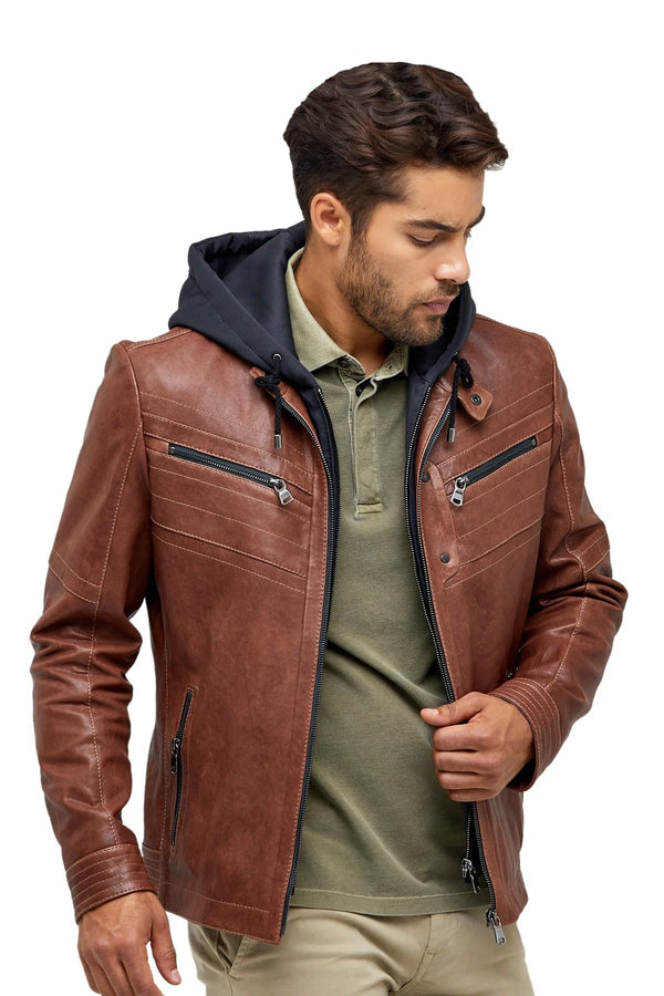 Alexandre Cunha Men’s 100% Real Brown Leather Hooded Jacket - Rare Leather Order Now !!