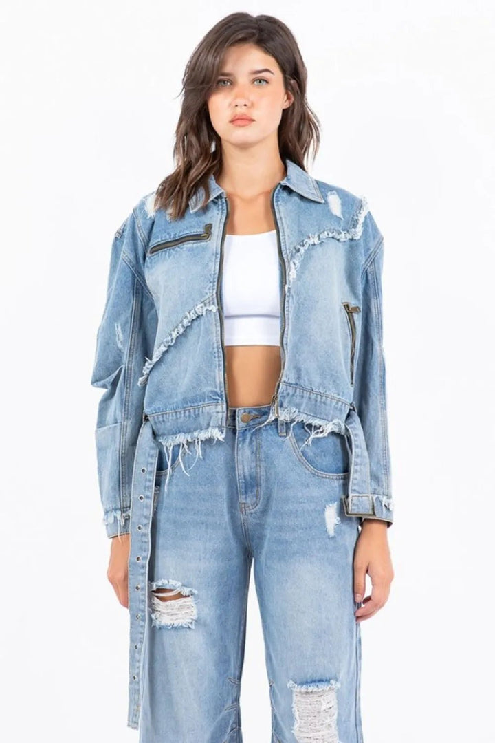 American Bazi Full Size Distressed Frayed Edge Zip Up Denim Jacket Plus Size - Rare Leather