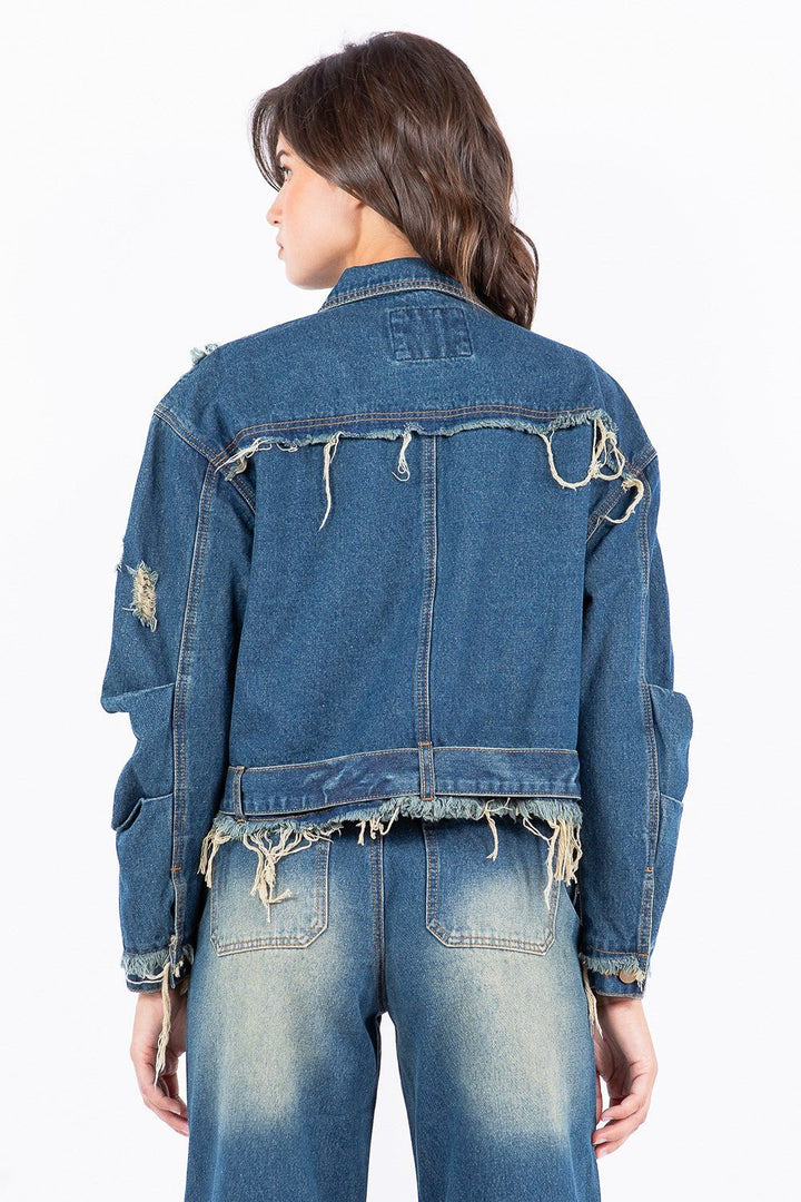 American Bazi Full Size Distressed Frayed Edge Zip Up Denim Jacket Plus Size - Rare Leather