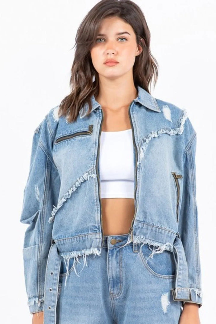 American Bazi Full Size Distressed Frayed Edge Zip Up Denim Jacket Plus Size - Rare Leather
