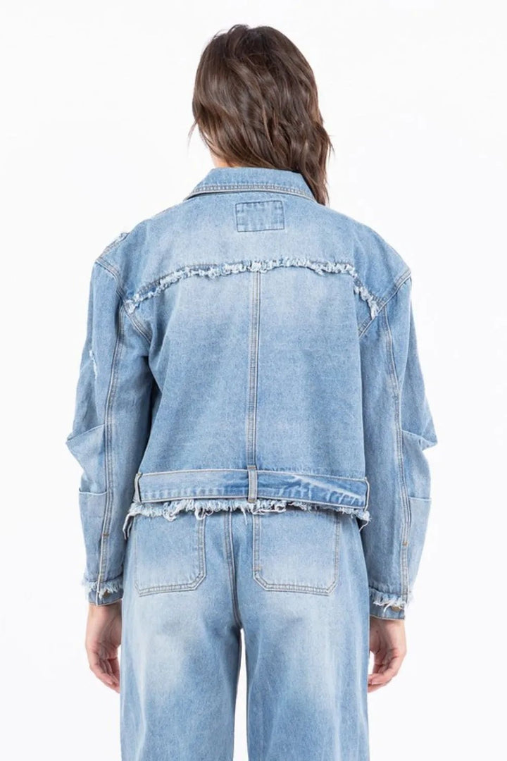 American Bazi Full Size Distressed Frayed Edge Zip Up Denim Jacket Plus Size - Rare Leather
