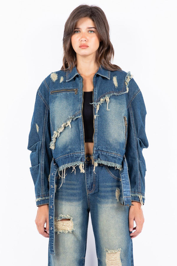 American Bazi Full Size Distressed Frayed Edge Zip Up Denim Jacket Plus Size - Rare Leather
