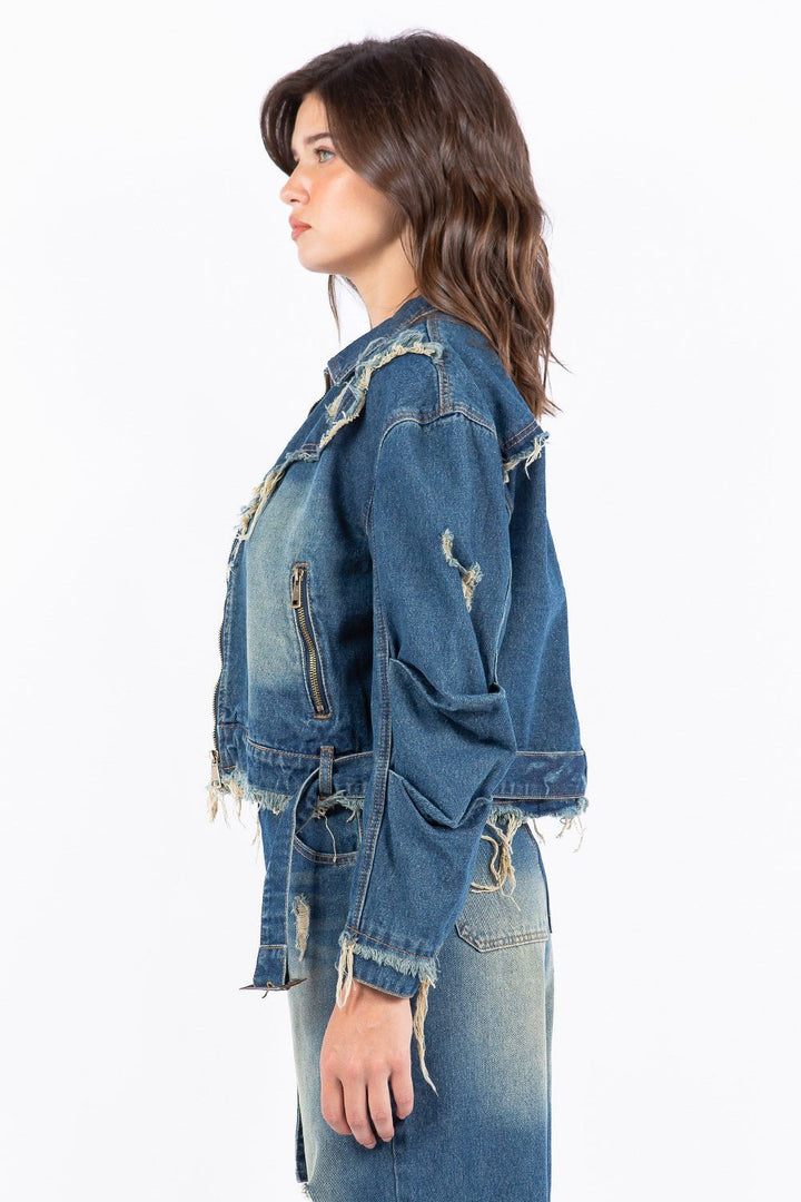 American Bazi Full Size Distressed Frayed Edge Zip Up Denim Jacket Plus Size - Rare Leather
