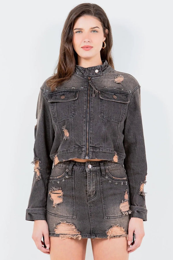American Bazi Full Size Distressed Star Stud Trim Denim Rider Jacket Plus Size - Rare Leather