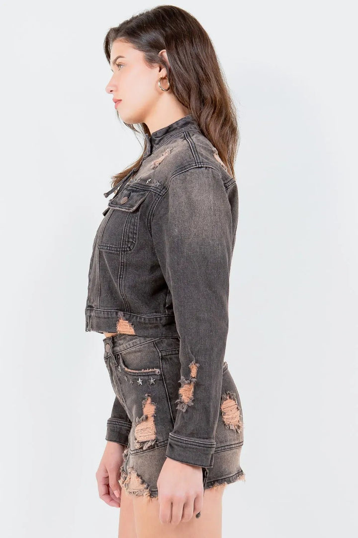 American Bazi Full Size Distressed Star Stud Trim Denim Rider Jacket Plus Size - Rare Leather