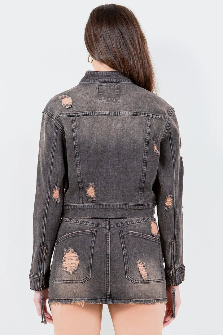 American Bazi Full Size Distressed Star Stud Trim Denim Rider Jacket Plus Size - Rare Leather