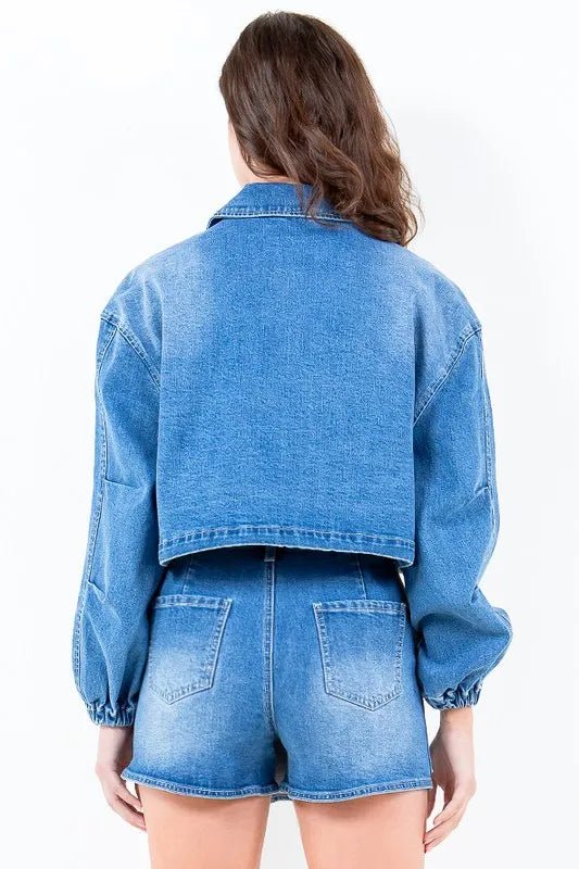 American Bazi Full Size Drop Shoulder Cropped Denim Jacket with Waist Strap Plus Size - Rare Leather