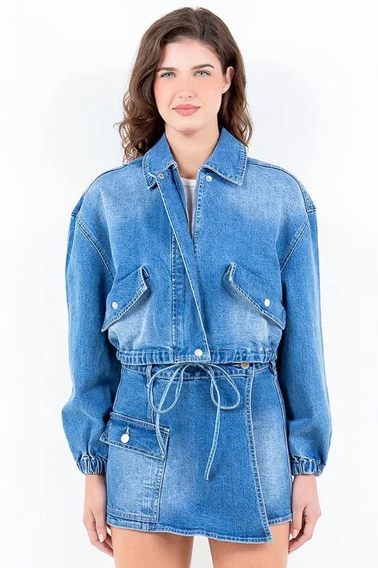 American Bazi Full Size Drop Shoulder Cropped Denim Jacket with Waist Strap Plus Size - Rare Leather