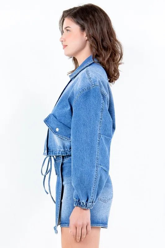 American Bazi Full Size Drop Shoulder Cropped Denim Jacket with Waist Strap Plus Size - Rare Leather
