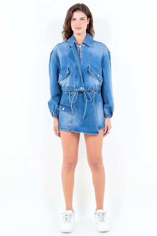 American Bazi Full Size Drop Shoulder Cropped Denim Jacket with Waist Strap Plus Size - Rare Leather