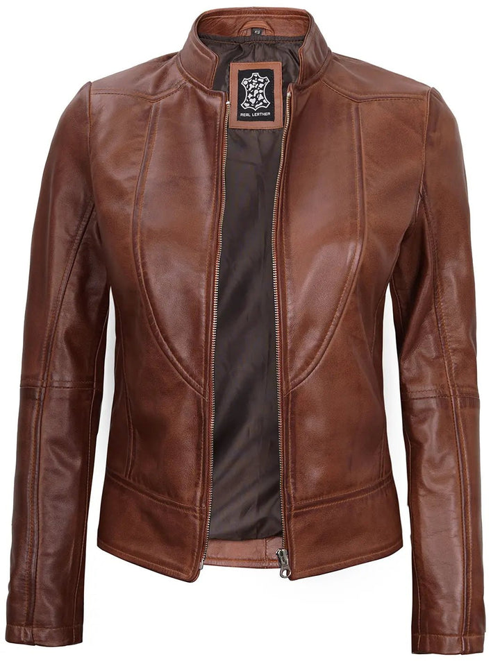 Amy Women Cognac Brown Cafe Racer Leather Jacket - Rare Leather