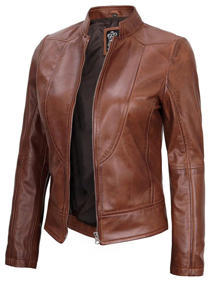 Amy Women Cognac Brown Cafe Racer Leather Jacket - Rare Leather