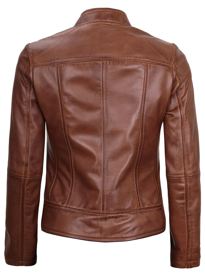 Amy Women Cognac Brown Cafe Racer Leather Jacket - Rare Leather