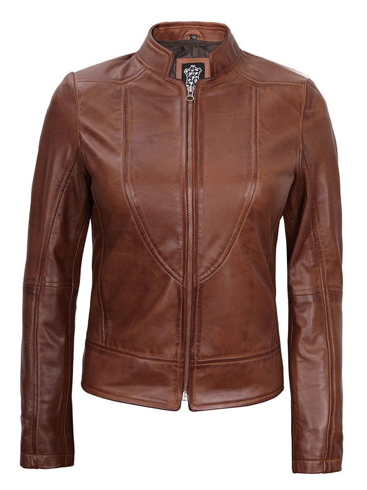 Amy Women Cognac Brown Cafe Racer Leather Jacket - Rare Leather