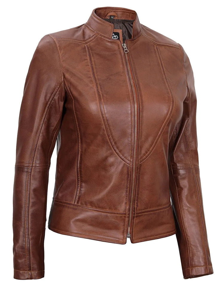 Amy Women Cognac Brown Cafe Racer Leather Jacket - Rare Leather