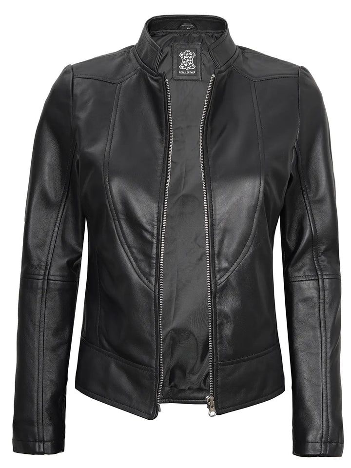 Amy Women's Black Cafe Racer Leather Jacket - Rare Leather