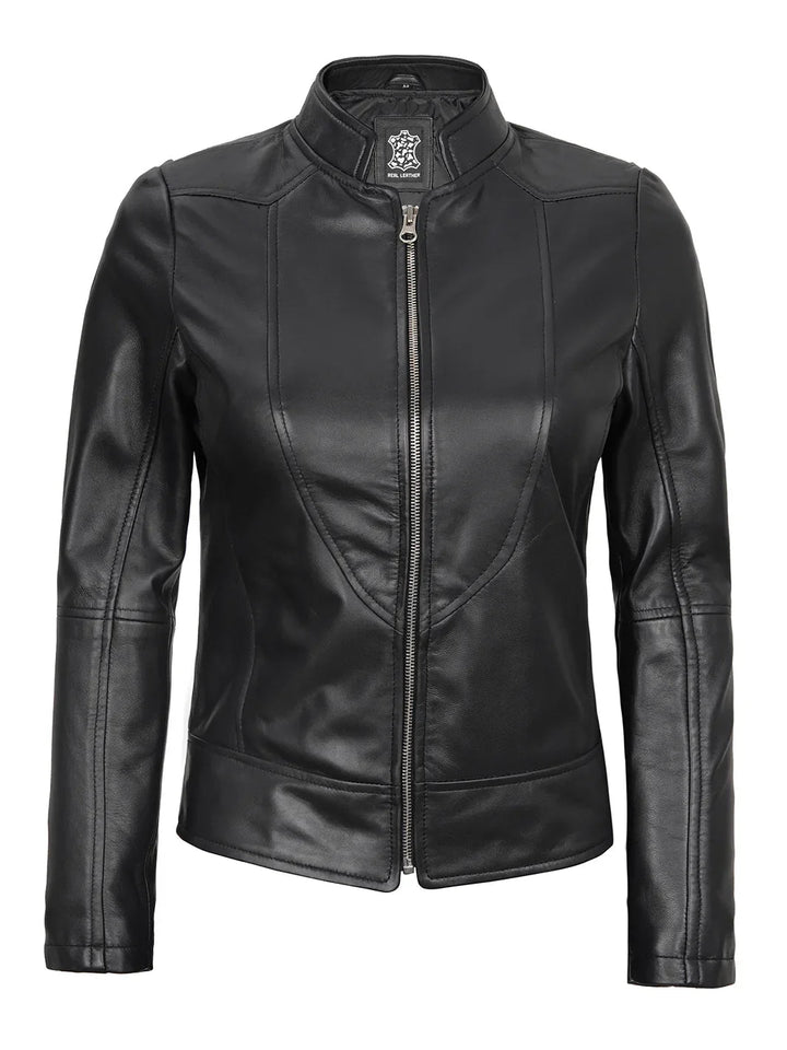 Amy Women's Black Cafe Racer Leather Jacket - Rare Leather