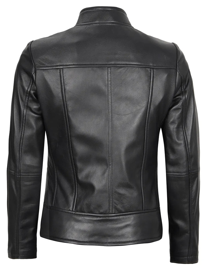 Amy Women's Black Cafe Racer Leather Jacket - Rare Leather