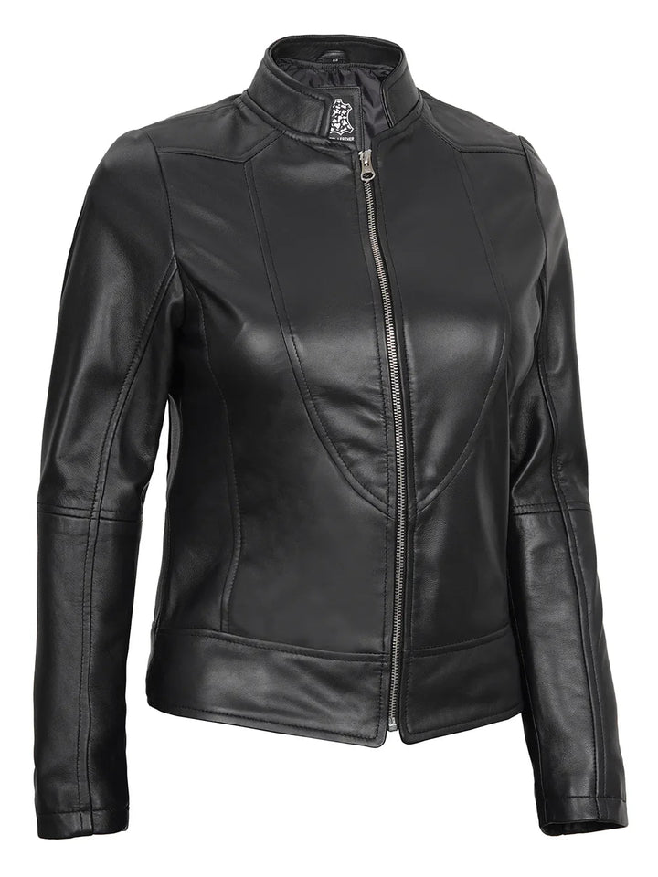 Amy Women's Black Cafe Racer Leather Jacket - Rare Leather