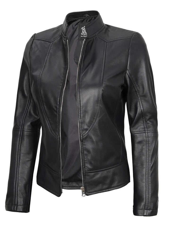 Amy Women's Black Cafe Racer Leather Jacket - Rare Leather