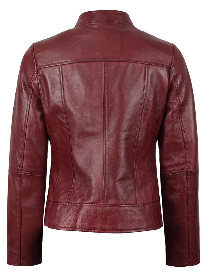 Amy Womens Burgundy Cafe Racer Leather Jacket - Rare Leather