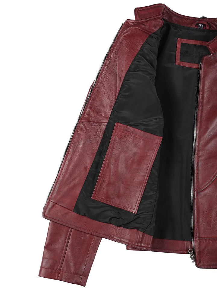 Amy Womens Burgundy Cafe Racer Leather Jacket - Rare Leather