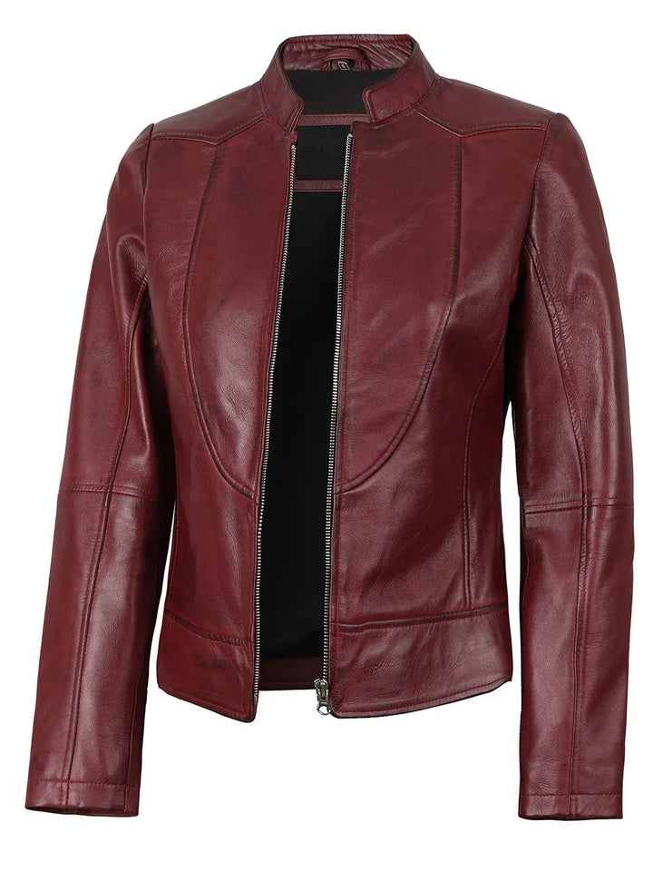 Amy Womens Burgundy Cafe Racer Leather Jacket - Rare Leather