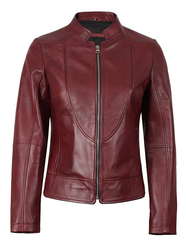Amy Womens Burgundy Cafe Racer Leather Jacket - Rare Leather