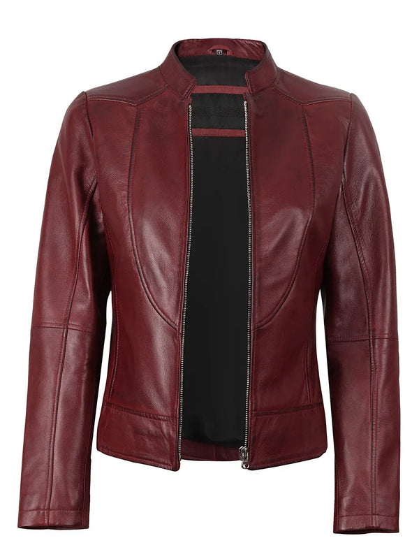 Amy Womens Burgundy Cafe Racer Leather Jacket - Rare Leather