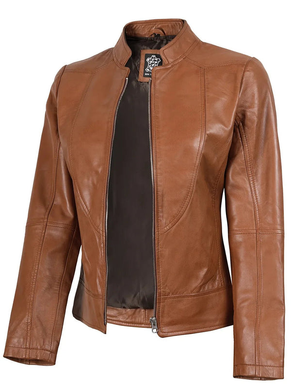 Amy Womens Cafe Racer Tan Brown Real Leather Jacket - Rare Leather