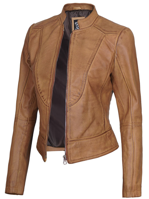 Amy Womens Camel Leather Moto Jacket - Rare Leather