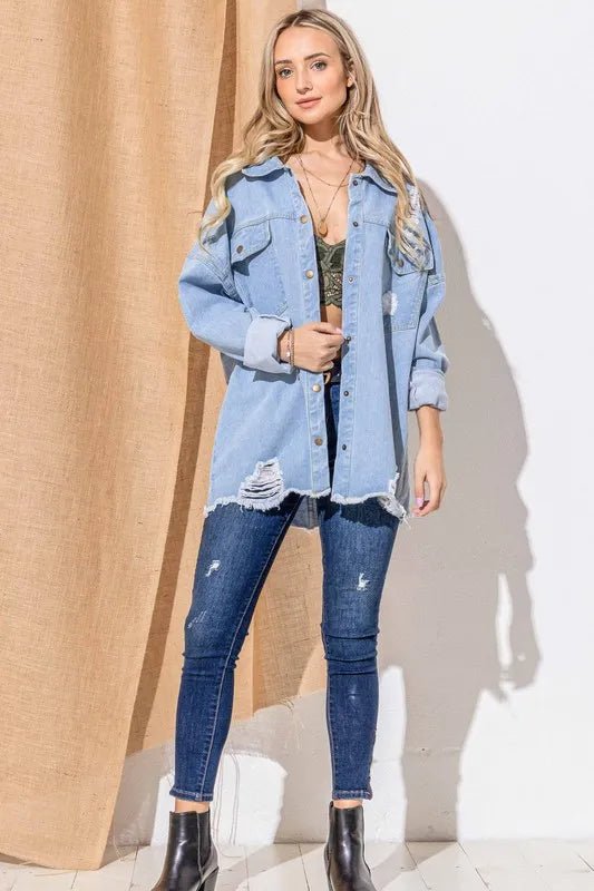 And The Why Button Front Flap Pocket Ripped Denim Jacket - Rare Leather