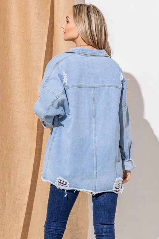 And The Why Button Front Flap Pocket Ripped Denim Jacket - Rare Leather