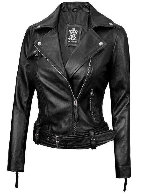 Angela Womens Black Asymmetrical Belted Leather Jacket - Rare Leather