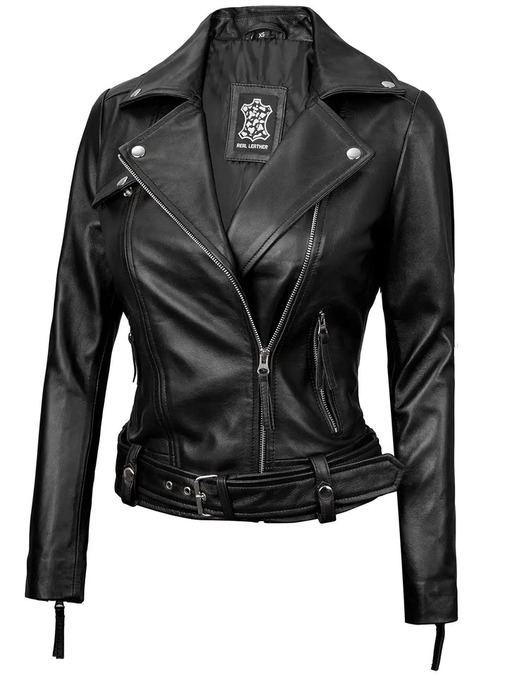 Angela Womens Black Asymmetrical Belted Leather Jacket - Rare Leather
