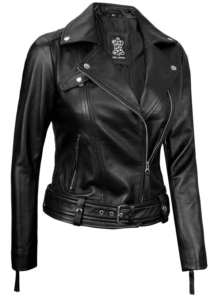 Angela Womens Black Asymmetrical Belted Leather Jacket - Rare Leather