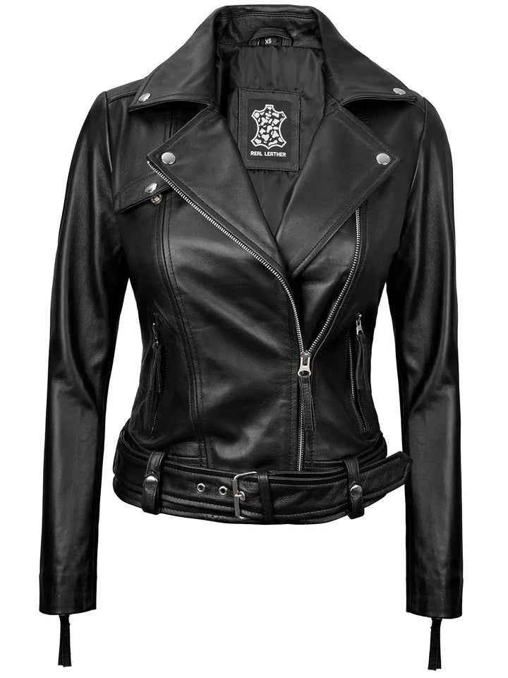 Angela Womens Black Asymmetrical Belted Leather Jacket - Rare Leather