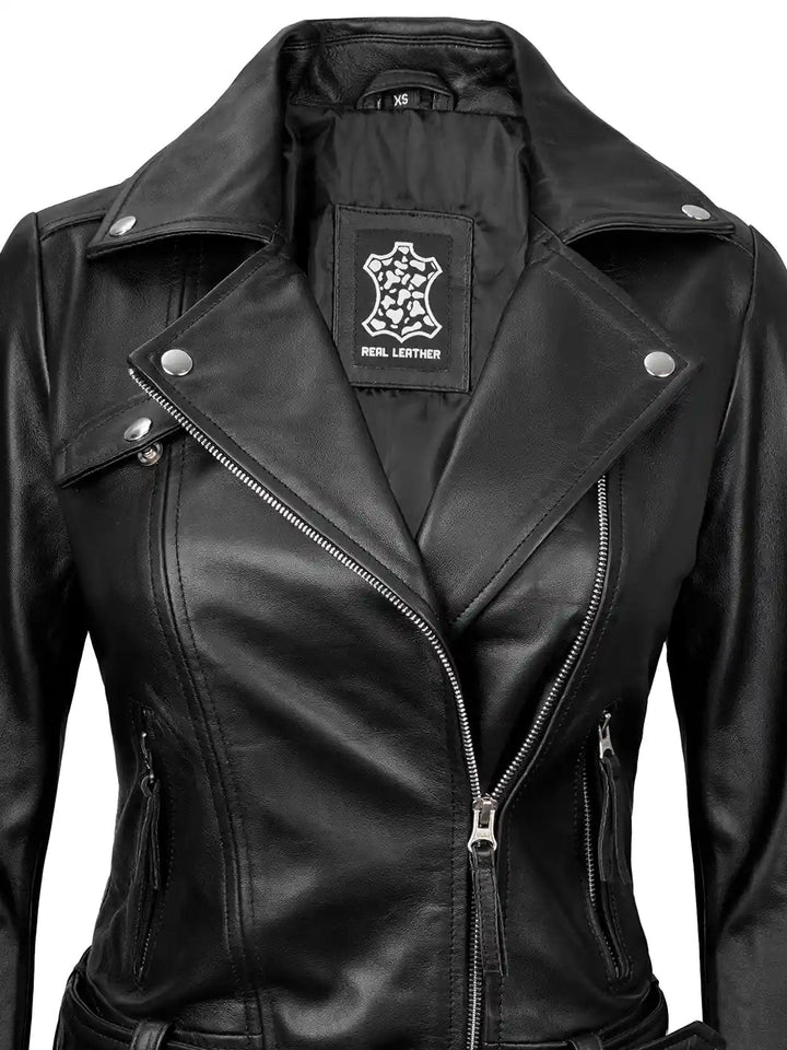 Angela Womens Black Asymmetrical Belted Leather Jacket - Rare Leather